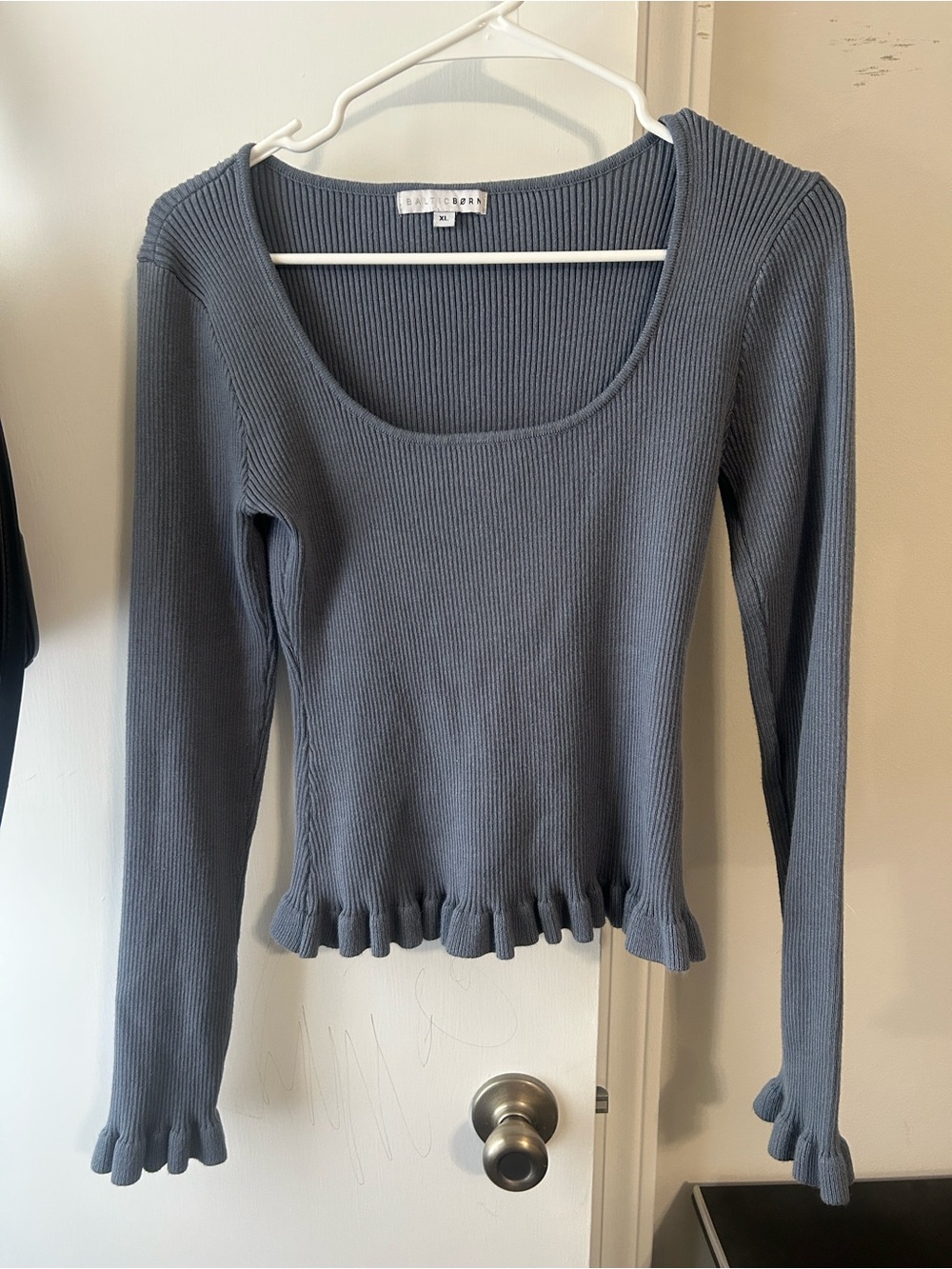 Baltic Born Ribbed Long-Sleeve Ruffle Top in Slate Blue
